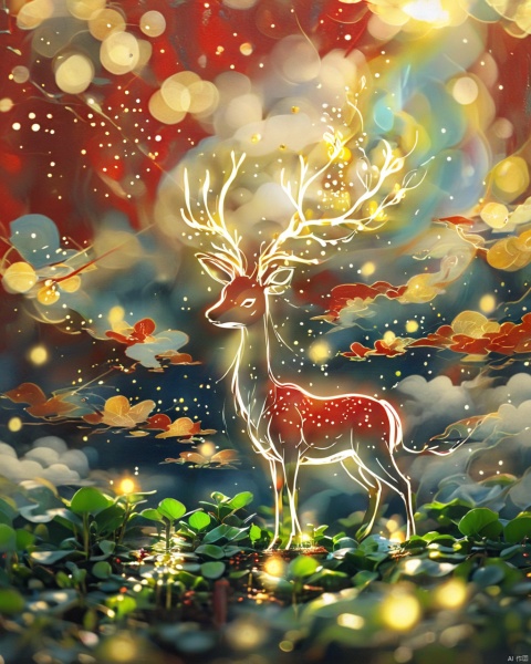  Dunhuang art style illustration,a magnificent nine-colored deer surrounded by auspicious clouds ,（The deer was shining with stars：1.36）
Standing in the lotus pond ,extremely delicate brushstrokes, soft and smooth, China red and indigo, golden background