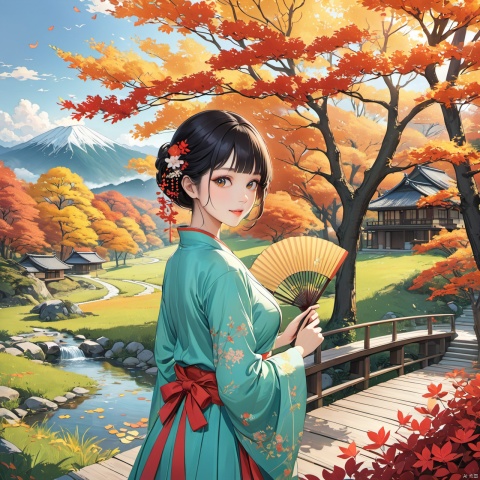  flat_style,simple_colors,masterpiece,{{{best_quality}}},{{ultra-detailed}},Hanfu,Holding a fan,{{1girl}},{{{solo}}},
an_extremely_delicate_and_beautifu,blank_stare,close_to_viewer,breeze,Flying_splashes,Flying_petals,wind,Gorgeous and rich graphics,
symmetrical composition,Beautiful face,looks like tangwei,cute,seductive smile,looking at the audience,big eyes,charming eyes,perfect figure,black hair, bare legs,Illustration
Dreamy,Sika Deer,Creek,Wooden Bridge, Large Forest Scenes,landscape, outdoors,beautiful house,French window,two-story house,Tadao Ando art style,
Distant snow mountains,and grasslands,
Autumn, red leaves, yellow leaves, Illustration