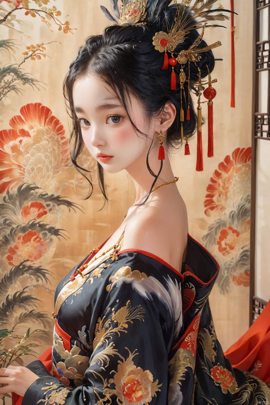  kq01,1girl,solo,black hair,bare shoulders,dress,fullbody,feathers,, (high quality), best quality, (4k), 8k, super detailed, (full detail), (masterpiece), (realistic), super detailed,(Exquisite details) ,intricate, traditional chinese ink painting, 1girl, nvwangZ