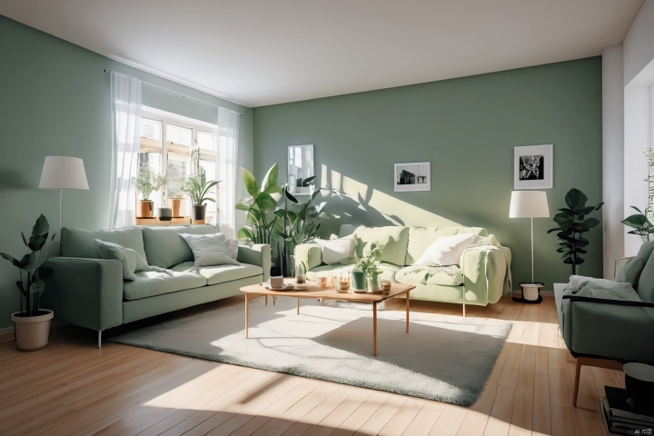  Interior design, couch, Potted plant, Coffee table, Light green wall, Ikea style, True light and shadow, UHD, high details, best quality, 4K