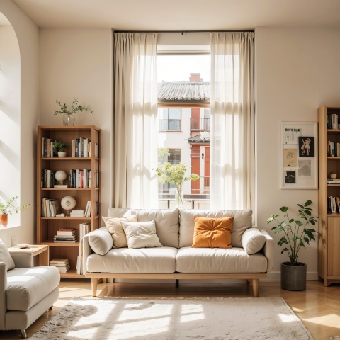  Interior, sofa, plants, scenery, no people, bookshelves, sofa, Windows, flower POTS, sunlight, New Cream style, interior design, best quality, Masterpiece 8k.hdr. Intricate detail, ultra detailed, 8k, Masterpiece, best quality, archdaily, Detail, extreme clarity, naiyou