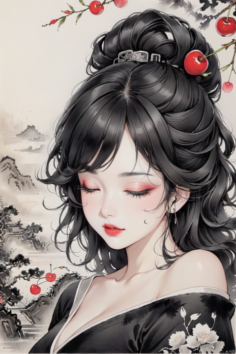 Masterpiece, best quality, realistic details, modern girl, curly hair, closed eyes, thick eyelashes, cherry lips, upper body, ink wash style, traditional chinese ink painting