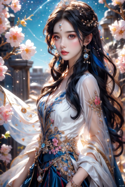  (masterpiece), (best quality), (ultra-detailed), (illustration), 1girl, mixed-blood, stars in the eyes, cherry blossoms, messy floating hair, crystal earrings, colored inner hair, Starry sky adorns hair, (colorful Bubble), (pearl), (Galaxy), depth of field, upper body, lace-trimmed dress,high_heels,black_hair,skirt