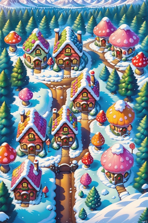  Mushroom houses, trees, roads, HD, masterpieces, best quality, snow, winter 