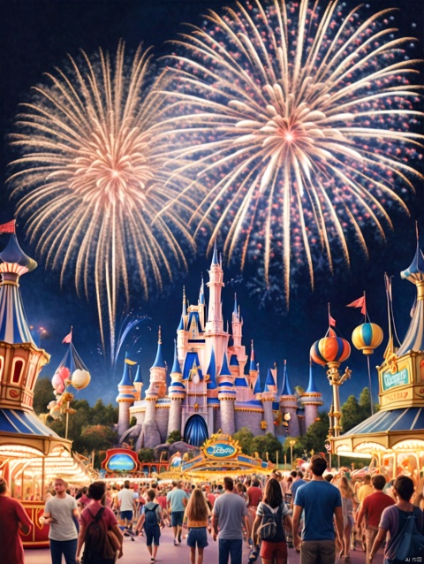 Masterpiece, best quality, stunning details, realistic, (Disney amusement park), full of vitality, fireworks, night, colorful, joyful people, excellent composition,