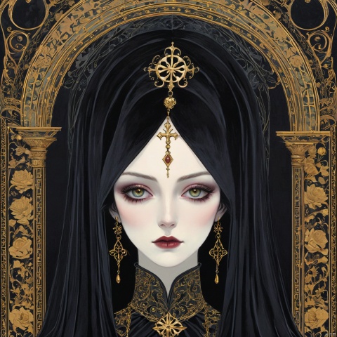  A lady of faith,(masterpiece, top quality, best quality, official art, beautiful and aesthetic:1.2) ,cover art,illustration minimalism, macabre style Velvet "The Art of Ancients", dark, gothic, grim, haunting, highly detailed