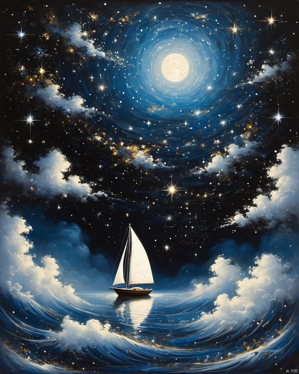 Rich lacquer painting, James R. ads, new meticulous brush, night, the Milky Way through the sky, floating huge luminous clouds, (a small white sailboat crossing the stars: 1.32), the endless sense of space, illusion, reflection, dots, swirls, up and down perspective, fractal art, stars bright, dark night, dark magic