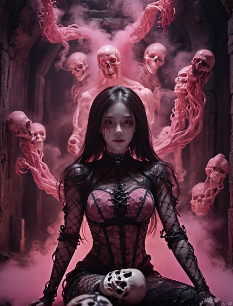  anatomically correct,((Best quality)),((Masterpiece)),((Realistic)),UHD,axial symmetry,Woman wearing leggings and medieval lace decorated armor,sit down,Cave filled with pink smoke. smile,There was a hint of malice in his eyes. In a mesmerizing and nightmarish environment,Surrounded by nets,Full of bloody atmosphere. Skeletons and skulls are scattered throughout the scene,The blood vessels and floating brains add to the terrifying atmosphere. This high-quality image captures the dark and terrifying essence of,Ideal for projects that require an eerie and haunting aesthetic.dramatic lighting,high contrast,sultry expression,Detailed texture, bailing_light element