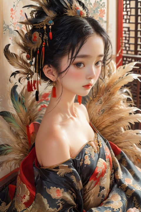  kq01,1girl,solo,black hair,bare shoulders,dress,fullbody,feathers,, (high quality), best quality, (4k), 8k, super detailed, (full detail), (masterpiece), (realistic), super detailed,(Exquisite details) ,intricate, traditional chinese ink painting, 1girl, nvwangZ