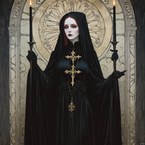  A lady of faith,(masterpiece, top quality, best quality, official art, beautiful and aesthetic:1.2) ,cover art,illustration minimalism, macabre style Velvet "The Art of Ancients", dark, gothic, grim, haunting, highly detailed