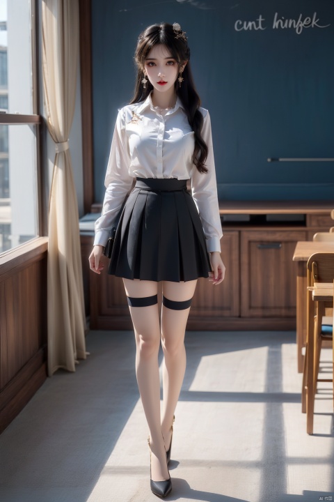  1girl, solo, long hair, breasts, looking at viewer, bangs, skirt, shirt, black hair, thighhighs, long sleeves, brown eyes, school uniform, standing, full body, white shirt, pleated skirt, necktie, collared shirt, black thighhighs, indoors, black skirt, black footwear, high heels, zettai ryouiki, window, chair, desk, high-waist skirt, shirt tucked in, classroom, school desk, chalkboard, realistic, , lihanyi, yue , hair ornament , hanfu, yunyun,wings,pencil_skirt,yellow_footwear,high_heels,long_hair