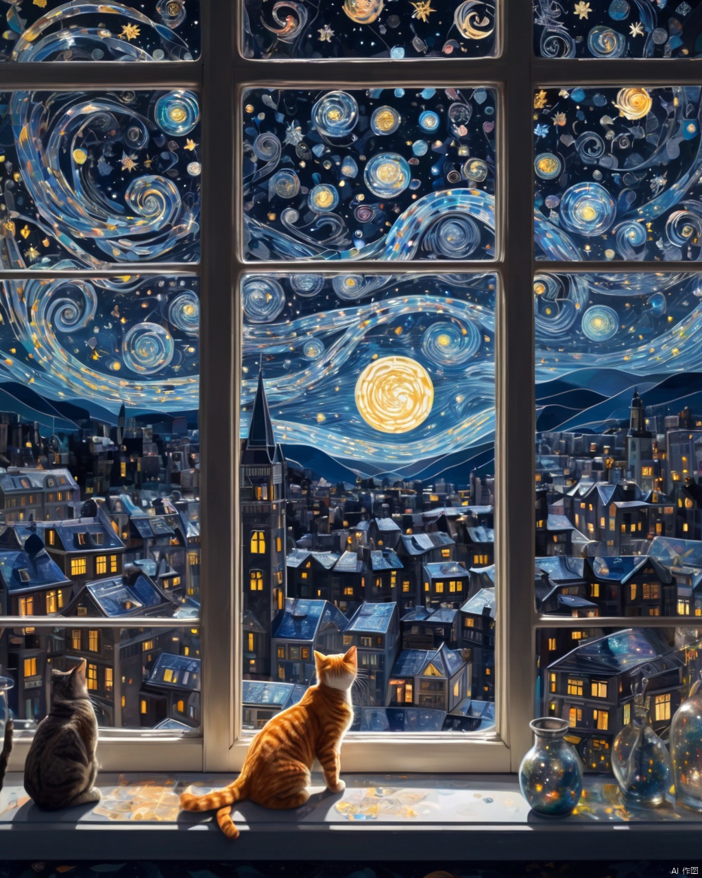  illustration of cat, allure of starry night sky with myriad of twinkling stars, constellations, Milky Way, window art, glass painting, transparent designs, colorful patterns, light-filled displays, creative installations, temporary creations