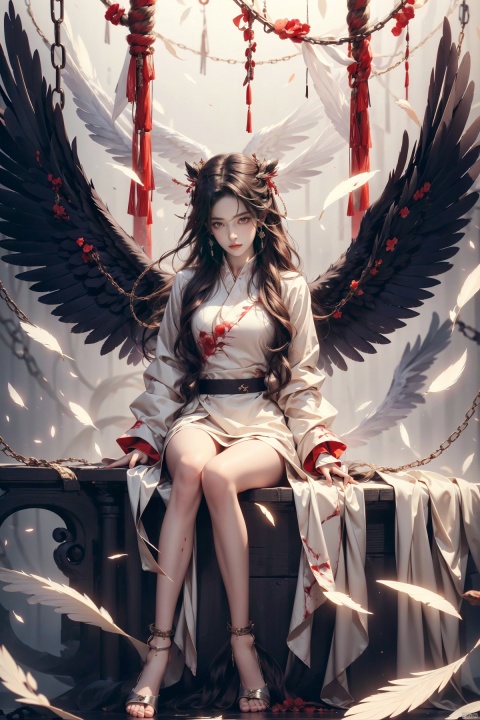  1girl, solo, wings, blood, long hair, sitting, chain, red eyes, blood on hands, feathered wings, barefoot, blood on face, blood from eyes, dress, long sleeves, cuffs, feathers, frills, looking at viewer, very long hair, white wings, bandages, shackles, bangs,,, Chinese style, vector illustration, Daofa Rune,broken chain, liuyifei