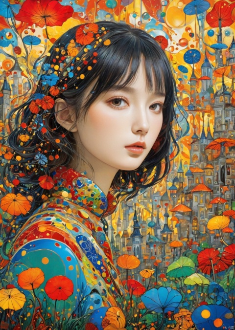  1girl,autumntime cityscape painting by Yayoi Kusama, in the style of colorful drawings, joe madureira, hans baldung, romantic graffiti, stained glass, multi-layered color fields