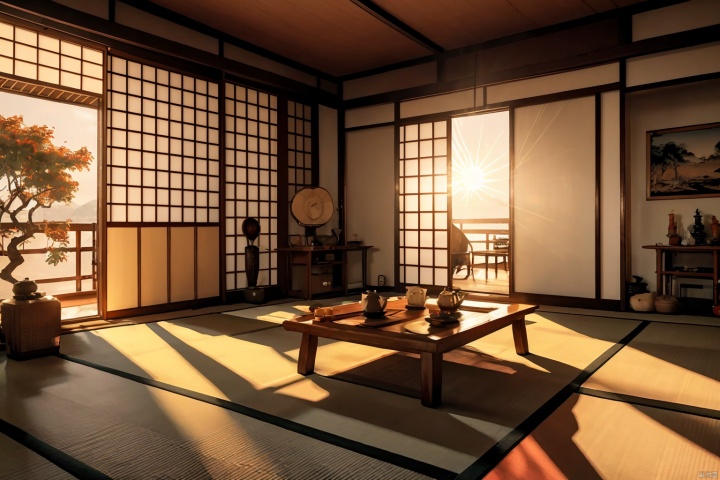  tatami, electric fan, no humans, scenery, sliding doors, shouji, sunset, cushion, indoors, zabuton, hand fan, tree, window, sunlight, architecture