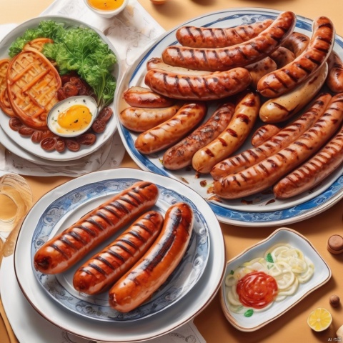(best quality, masterpiece, Representative work, official art, Professional, 8k, Ultra intricate detailed), (a plate of Grilled sausages),Full of appetite,