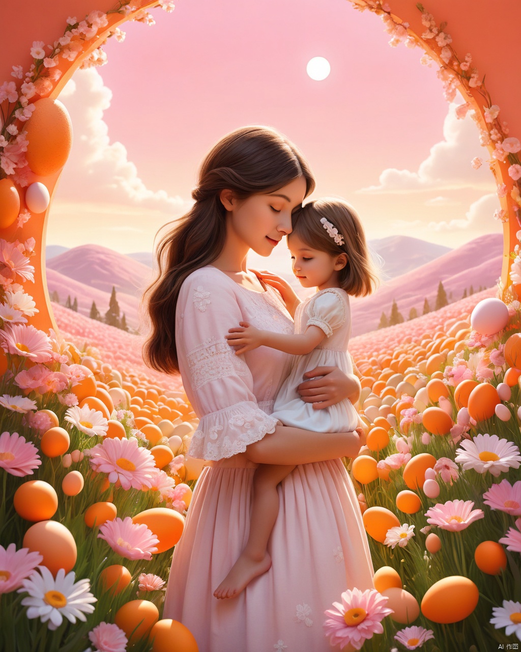 Masterpiece, best quality, stunning details, realistic, a cute mother daughter embrace, surrounded by flowers and eggs, dreamy scenery, soft and atmospheric perspective, vibrant orange and pink stage backgrounds, childlike innocence and charm, bold shapes and cute characters, with a simple white sun in the sky against a pink background