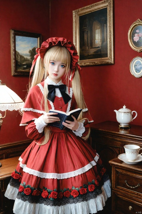  masterpiece,Realism,best quality,1girl,blonde hair,shinku,dress,book,blue eyes,solo,bonnet,bow,holding,flower,lamp,rose,looking at viewer,long hair,red dress,black bow,frills,bowtie,realistic,long sleeves,indoors,frilled dress,cup,lips,lolita fashion,red headwear,capelet,lace trim,twintails,holding book,black bowtie,teacup,open book,lace,red flower,picture frame,standing,closed mouth,hat,painting (object),red rose,lace-trimmed sleeves,blunt bangs,nose,ribbon,head tilt,desk lamp,