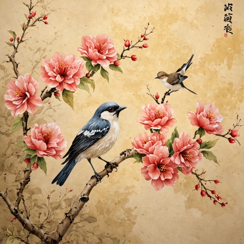  the Plum Blossom ,Begonia flowers with a bird on a branch, traditional Chinese painting light color, fine brushwork, circular composition, background on yellowed rice paper,no text