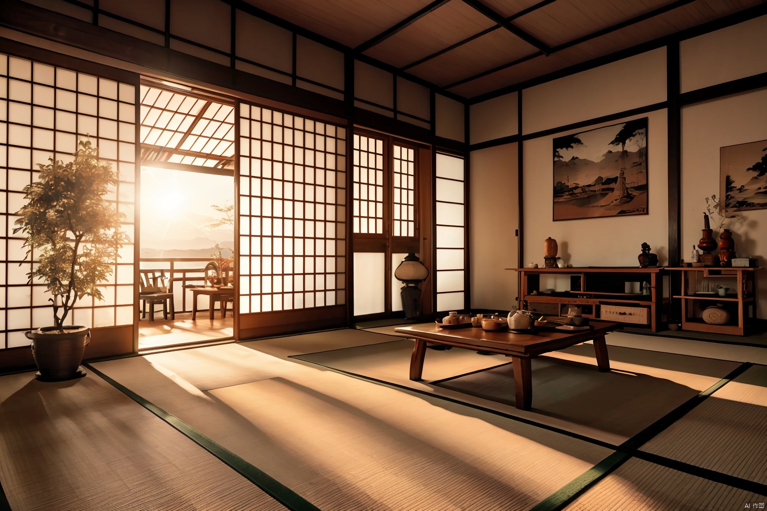  tatami, electric fan, no humans, scenery, sliding doors, shouji, sunset, cushion, indoors, zabuton, hand fan, tree, window, sunlight, architecture