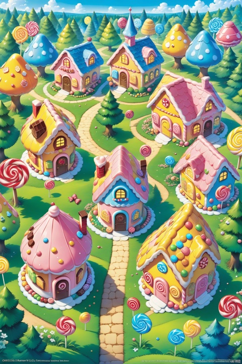  ((Masterpiece)), ((Best quality)), ((Official art,)), ((from top :1.4)), (House, Candy House :1.3), Chocolate, lollipops, candy, cookies, cakes, desserts, fairytale world, (Forest, woods, trees, grass :1.2), outdoor, daytime, (Color/candy color theme :1.2), Spring, (Official art,) Tender green grass, tender green leaves,