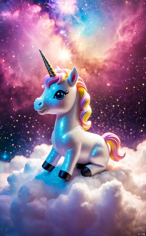  Spirit animal, score_9, score_8_up, score_7_up, score_6_up, score_5_up, score_4_up, sparkling kawaii little baby unicorn sitting on a cloud of nebula dust, light shines through, magical artifact, very detailed, amazing quality, intricate, cinematic light, highly detail, beautiful, surreal, dramatic, galaxy