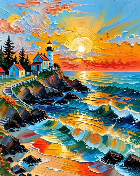 Impressionism fine art impasto on canvas by Van Gogh. Blissful sunset hues. Warm tones, Warm hues. A cabin by the ocean. A lighthouse on the bluff. Paths leading away. airbrush painting. Atmospheric, moody, rustic.