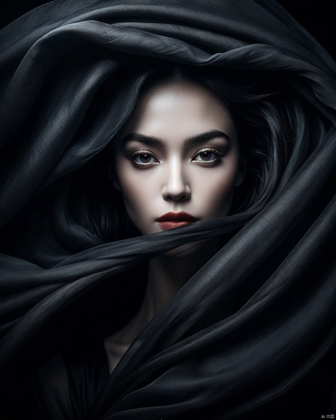  Masterpiece, best quality, stunning details, minimalist black background, female face partially obscured by flowing fabric style, creating a mysterious and unpredictable atmosphere. Dark tones highlight the dramatic effect of her lips and hair, forming a sharp contrast with the bright and dark contrast in the composition. This design is very suitable for conveying mystery or depth, and the ultra realistic photography style highlights the dramatic effect