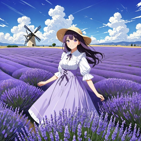 1girl, (lavender fields), windmills, [blue sky and white clouds]