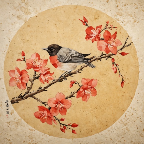  the Plum Blossom ,Begonia flowers with a bird on a branch, traditional Chinese painting light color, fine brushwork, circular composition, background on yellowed rice paper,no text