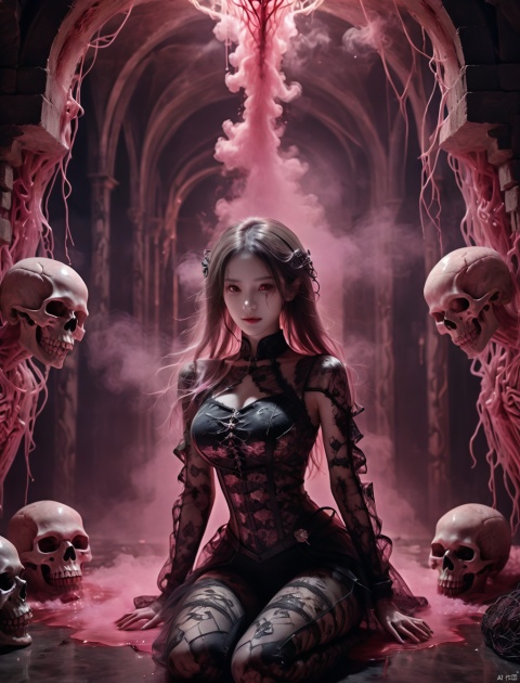  anatomically correct,((Best quality)),((Masterpiece)),((Realistic)),UHD,axial symmetry,Woman wearing leggings and medieval lace decorated armor,sit down,Cave filled with pink smoke. smile,There was a hint of malice in his eyes. In a mesmerizing and nightmarish environment,Surrounded by nets,Full of bloody atmosphere. Skeletons and skulls are scattered throughout the scene,The blood vessels and floating brains add to the terrifying atmosphere. This high-quality image captures the dark and terrifying essence of,Ideal for projects that require an eerie and haunting aesthetic.dramatic lighting,high contrast,sultry expression,Detailed texture, bailing_light element