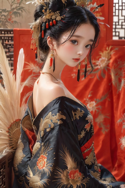  kq01,1girl,solo,black hair,bare shoulders,dress,fullbody,feathers,, (high quality), best quality, (4k), 8k, super detailed, (full detail), (masterpiece), (realistic), super detailed,(Exquisite details) ,intricate, traditional chinese ink painting, 1girl, nvwangZ
