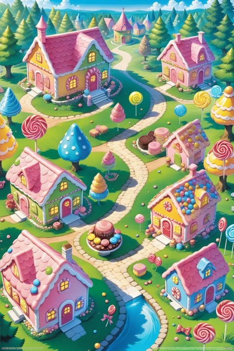  ((Masterpiece)), ((Best quality)), ((Official art,)), ((from top :1.4)), (House, Candy House :1.3), Chocolate, lollipops, candy, cookies, cakes, desserts, fairytale world, (Forest, woods, trees, grass :1.2), outdoor, daytime, (Color/candy color theme :1.2), Spring, (Official art,) Tender green grass, tender green leaves,