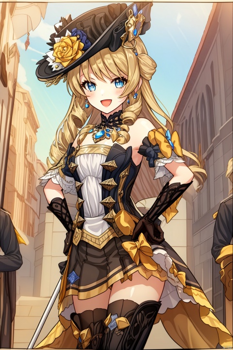  1girl, solo, long hair, breasts, looking at viewer, smile, open mouth, bangs, blue eyes, skirt, blonde hair, thighhighs, gloves, hat, dress, bow, holding, bare shoulders, jewelry, standing, flower, :d, earrings, small breasts, boots, detached sleeves, black gloves, elbow gloves, black thighhighs, zettai ryouiki, hand on hip, black headwear, strapless, rose, umbrella, thigh boots, drill hair, holding umbrella, hat flower, parasol, over shoulder
