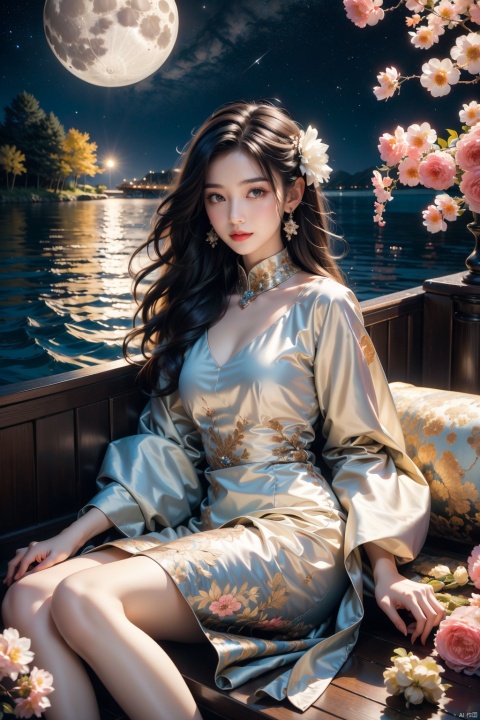  A young girl lying comfortably on a boat, looking up at the starry night sky filled with colorful flowers surrounding the boat, reflecting the bright moon on the lake surface, distant cherry blossom scenery in the background, medium and long distance view, deep depth of field, detailed details. High resolution image, vivid colors, dreamy atmosphere, romantic scene, beautiful night sky, blooming flowers, reflection of the moon on the lake, distant cherry blossoms, serene environment, peaceful mood, starry sky, flower decoration, boat ride, comfortable position, young girl's innocence, tranquility., eluosi, blackpantyhose, qiqiu