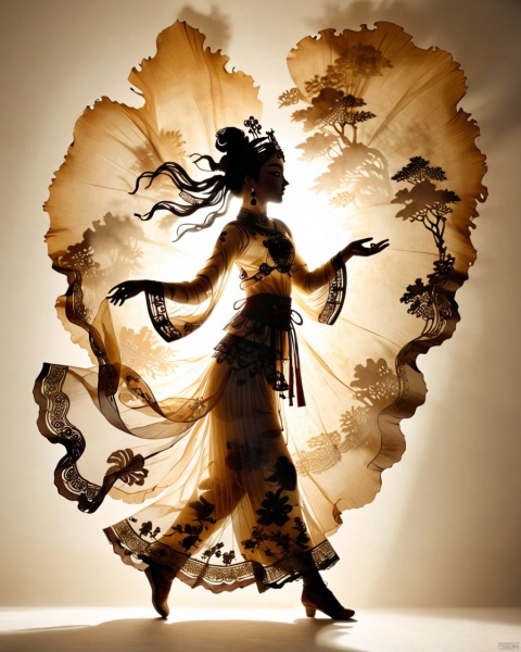 Shadow play, the picture covered with tulle, hazy, backlight, silhouette, a beautiful and beautiful ancient girl, beautiful and beautiful, the center of light, dazzling light and shadow, artistic conception ink, white background, clean background, poster composition