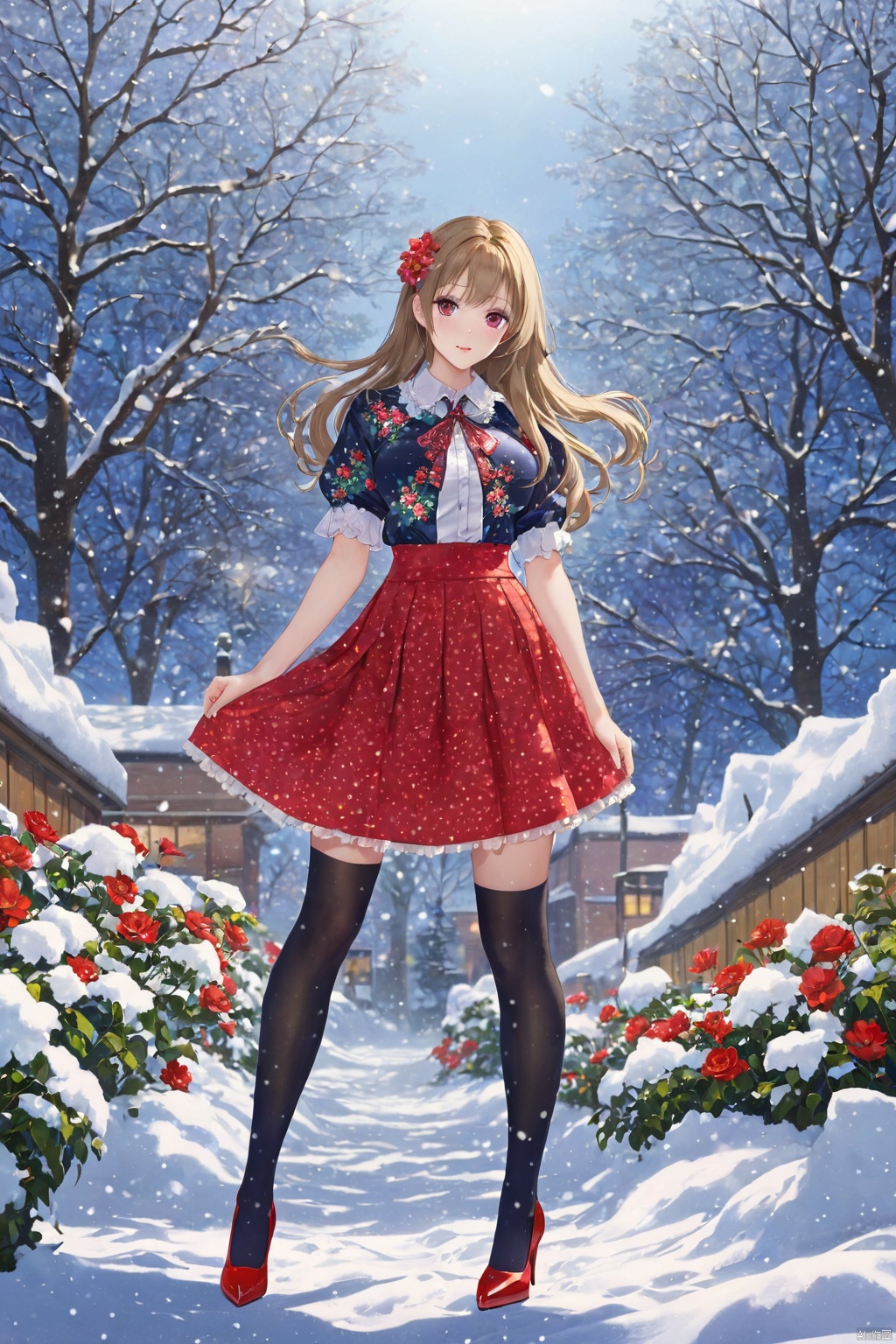  masterpiece,best quality,extremelydetailed,1girls,fair_skin,long hair,big breasts,floral shirt,pencil skirt,long legs,(thighhighs),(red_high_heels),full body,in the snow,flowers,looking_at_viewer,(standing), 1girl