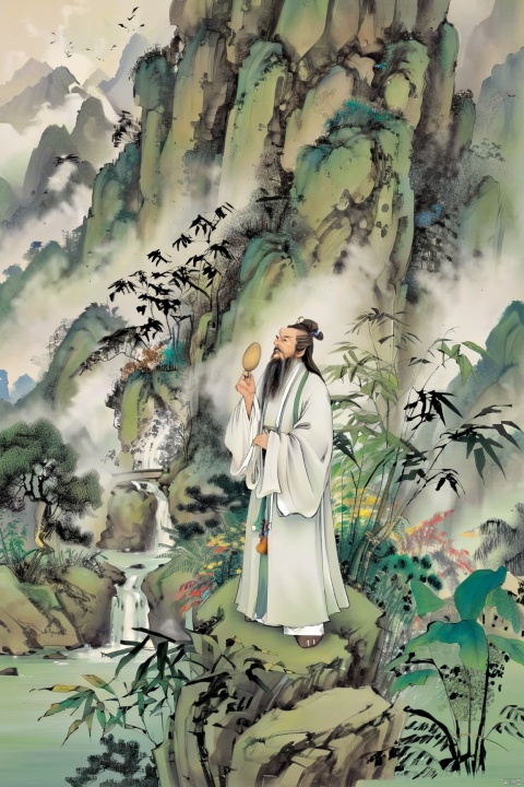  A Taoist sage, dressed in a plain white robe, stands atop a mist-veiled peak, holding a whisk in hand, gazing into the distance as if to penetrate the mysteries of the universe. Behind him, a verdant bamboo forest rustles gently in the breeze, accompanied by the distant sound of a bell, creating a serene atmosphere beyond the mundane world.
