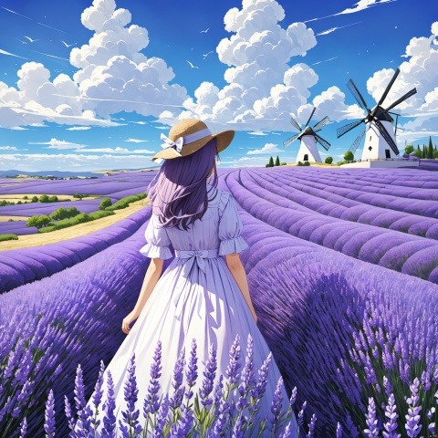 1girl, (lavender fields), windmills, [blue sky and white clouds]