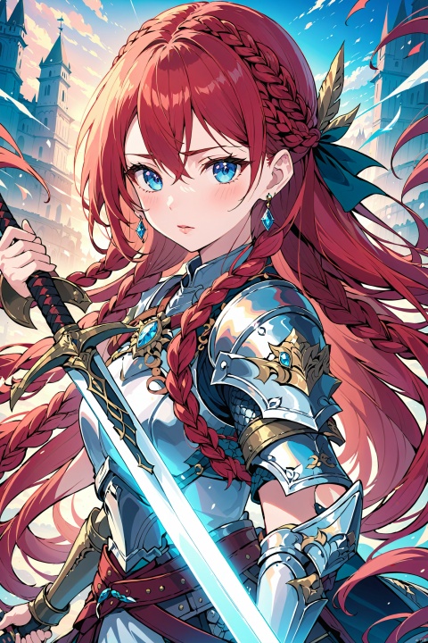  (best quality), ((masterpiece)), (highres), illustration, original, extremely detailed,1girl, weapon, sword, solo, armor, long hair, holding, holding weapon, red hair, holding sword, looking at viewer, blue eyes, braid, jewelry, parted lips, earrings, upper body, lips, Anime style