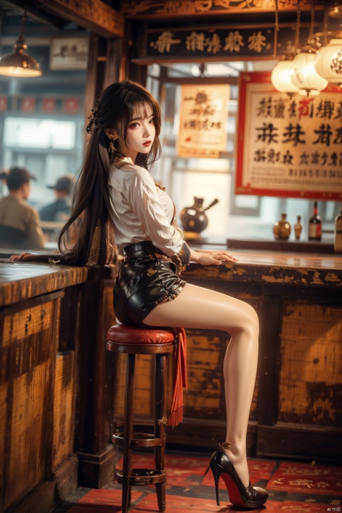  (upper thighs shot:1.3), (cowboy shot:1.3),1girl,solo,long hair,depth of field,blurry background,bar (place),neon lights,fanhuaZ,,(full body:1.1),, (high quality), best quality, (4k), 8k, super detailed, (full detail), (masterpiece), (realistic), super detailed,(Exquisite details) ,intricate, 1girl, pencil_skirt, long_legs,police,pencil_skirt,high_heels,thighhighs