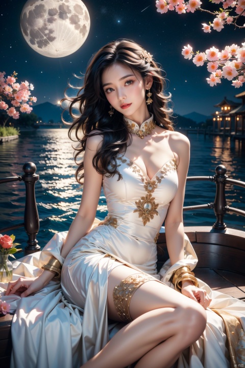  A young girl lying comfortably on a boat, looking up at the starry night sky filled with colorful flowers surrounding the boat, reflecting the bright moon on the lake surface, distant cherry blossom scenery in the background, medium and long distance view, deep depth of field, detailed details. High resolution image, vivid colors, dreamy atmosphere, romantic scene, beautiful night sky, blooming flowers, reflection of the moon on the lake, distant cherry blossoms, serene environment, peaceful mood, starry sky, flower decoration, boat ride, comfortable position, young girl's innocence, tranquility., eluosi, blackpantyhose, qiqiu