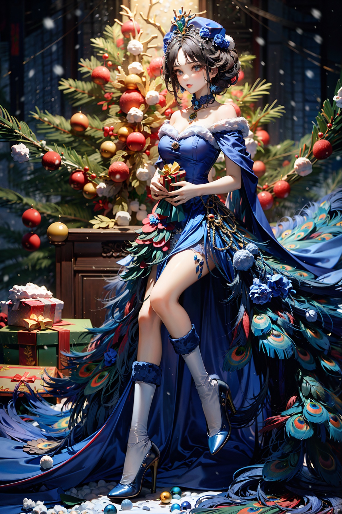  (best quality)(masterpiece) , Peacock Girl, (Solo) , (Snow: 1.5) , (snow forest background)-Christmas Red Velvet Shawl, velvet Antler Tiara) , photography style, soft focus, Christmas hat, hands holding a beautiful gift box, many colorful gift boxes falling to the ground, blonde hair, freckles, detailed Christmas lights Christmas Tree Christmas presents Christmas stockings, white lace knee socks, warm light, tiara, 1girl,high_heels,white_footwear,background