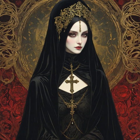  A lady of faith,(masterpiece, top quality, best quality, official art, beautiful and aesthetic:1.2) ,cover art,illustration minimalism, macabre style Velvet "The Art of Ancients", dark, gothic, grim, haunting, highly detailed