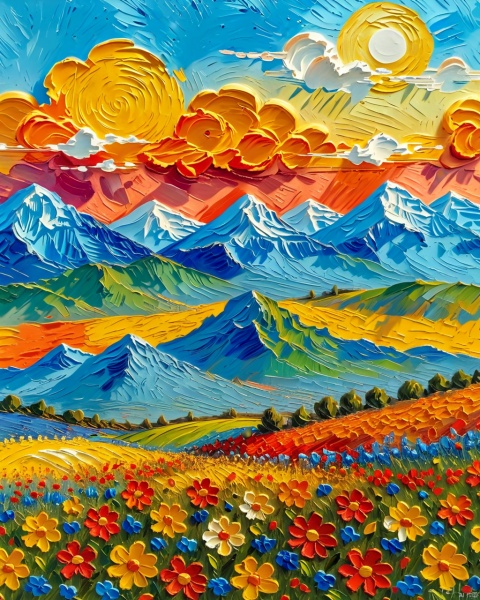 Impressionism fine art impasto on canvas by Van Gogh. Blissful sunset hues. flower, outdoors, sky, day, cloud, blue sky, no humans, traditional media, grass, red flower, scenery, mountain, sun, field, orange flower,airbrush painting. Atmospheric, moody, rustic.