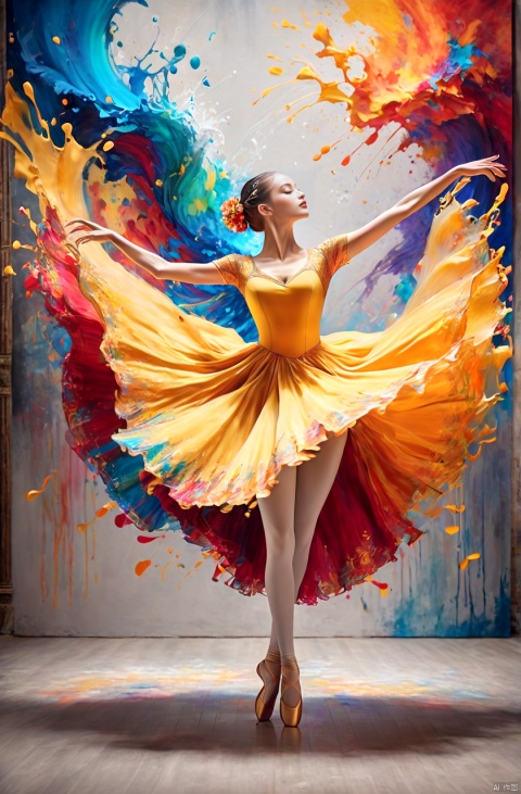  A stunning photograph of a talented artist's work, depicting a graceful, dancing female figure. Splashes of vibrant red, orange, and yellow paint come together to create a mesmerizing and passionate image. The dancer's arms and legs seem to move fluidly, capturing the essence of dance and motion. The background of the photo showcases a vibrant, colorful canvas, highlighting the artist's unique style and creativity., photo