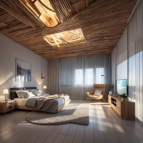  Large floor, bedroom, interior lighting,Curved log structure background,
microworld,Interior, Home design, Conceptual space, Surrealism, future technology,At night
render,technology, (best quality) (masterpiece), (highly in detailed), 4K,Official art, unit 8 k wallpaper, ultra detailed, masterpiece, best quality, extremely detailed,CG,low saturation,monochrome, Installation art, glow, Light master