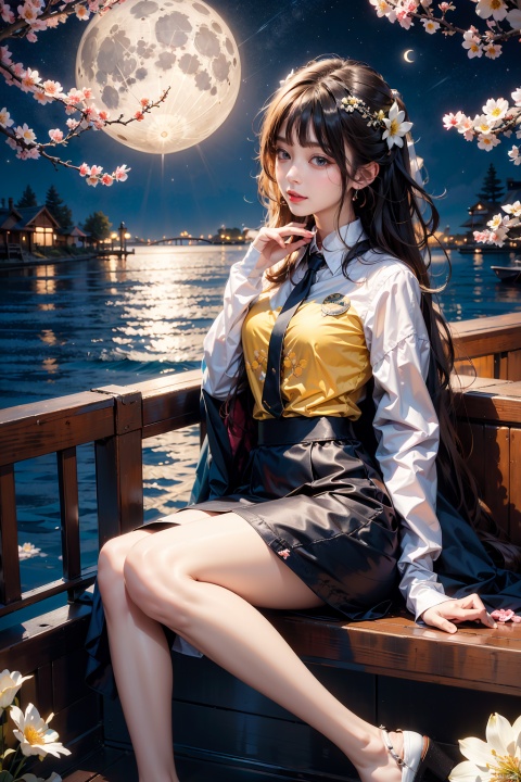  A young girl lying comfortably on a boat, looking up at the starry night sky filled with colorful flowers surrounding the boat, reflecting the bright moon on the lake surface, distant cherry blossom scenery in the background, medium and long distance view, deep depth of field, detailed details. High resolution image, vivid colors, dreamy atmosphere, romantic scene, beautiful night sky, blooming flowers, reflection of the moon on the lake, distant cherry blossoms, serene environment, peaceful mood, starry sky, flower decoration, boat ride, comfortable position, young girl's innocence, tranquility., eluosi, blackpantyhose, qiqiu, 1girl,police,yellow_footwear,pencil_skirt,skirt_lift
