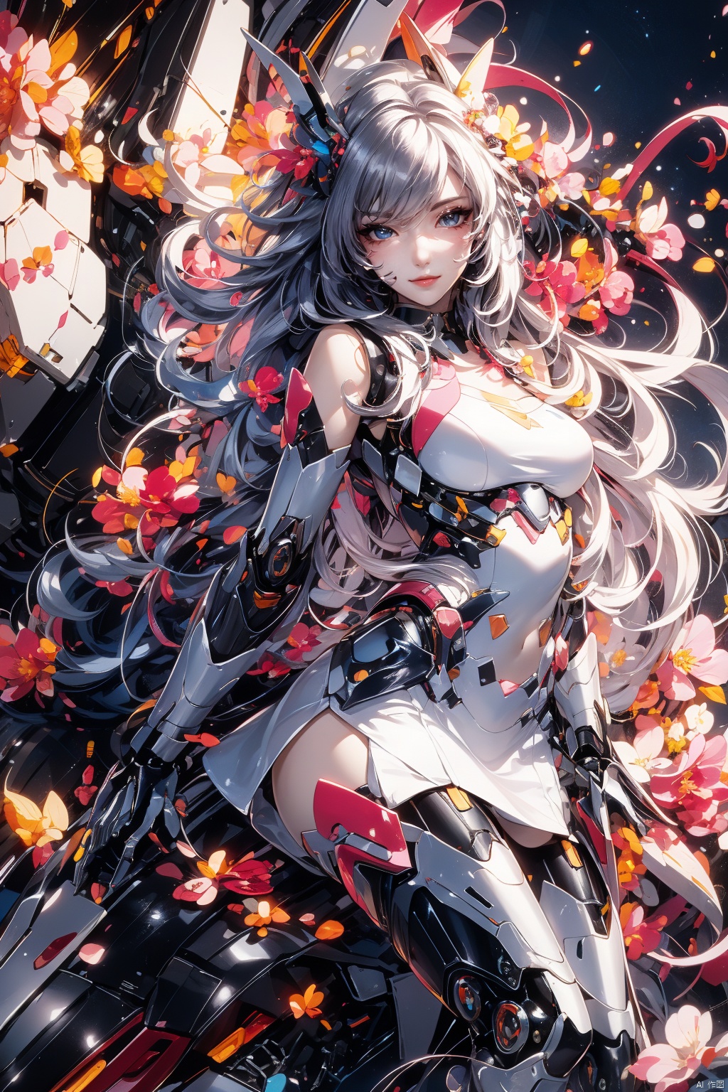  Masterpiece, best quality (illustration), cute detail face, 1 girl, solo, long_ Hair, white hair, blue eyes, dress, boots, mecha, robot joints, single robot arm, headgear, mechanical wings with vertical takeoff and landing fans, black and white dress, gray wings, mechanical wings, mechanical ears, detailed background, beautiful sunrise, orange sky, pink clouds, golden rays, hair, magic, scenery, 1girl,police,pencil_skirt,high_heels, Pink Mecha