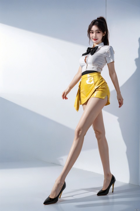  A girl, half-length, exposed thighs, high ponytail hairstyle, long hair, wearing a white shirt, bow tie, black high-waisted pleated skirt, exposed thighs, exquisite facial features, big eyes, exquisite eye makeup,, tears, smiles, and looks at the audience. ( Best Quality: 1.2 ), ( Ultra HD: 1.2 ), ( Ultra-High Resolution: 1.2 ), ( CG Rendering: 1.2 ), Wallpaper, Masterpiece, ( 36K HD: 1.2 ), ( Extra Detail: 1.1 ), Ultra Realistic, ( Detail Realistic Skin Texture: 1.2 ), ( White Skin: 1.2 ), Focus, Realistic Art, white shirt, liuguang, high heels, thigh_boots, latex legwear, latex boots,full_body, 1girl,yellow_footwear,high_heels,pencil_skirt